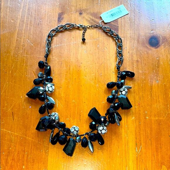 M. Haskell Black Silver Beaded Statement Necklace Rhinestone Accents Chunky Bib - Picture 1 of 3